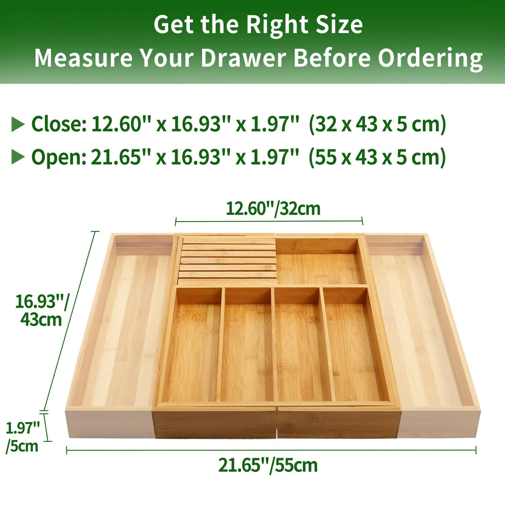 Bamboo Silverware Drawer Organizer Kitchen, Expandable Utensil Organizer with Knife Block, Cutlery Tray with Divider, Multifunctional Wooden Drawer Organizer