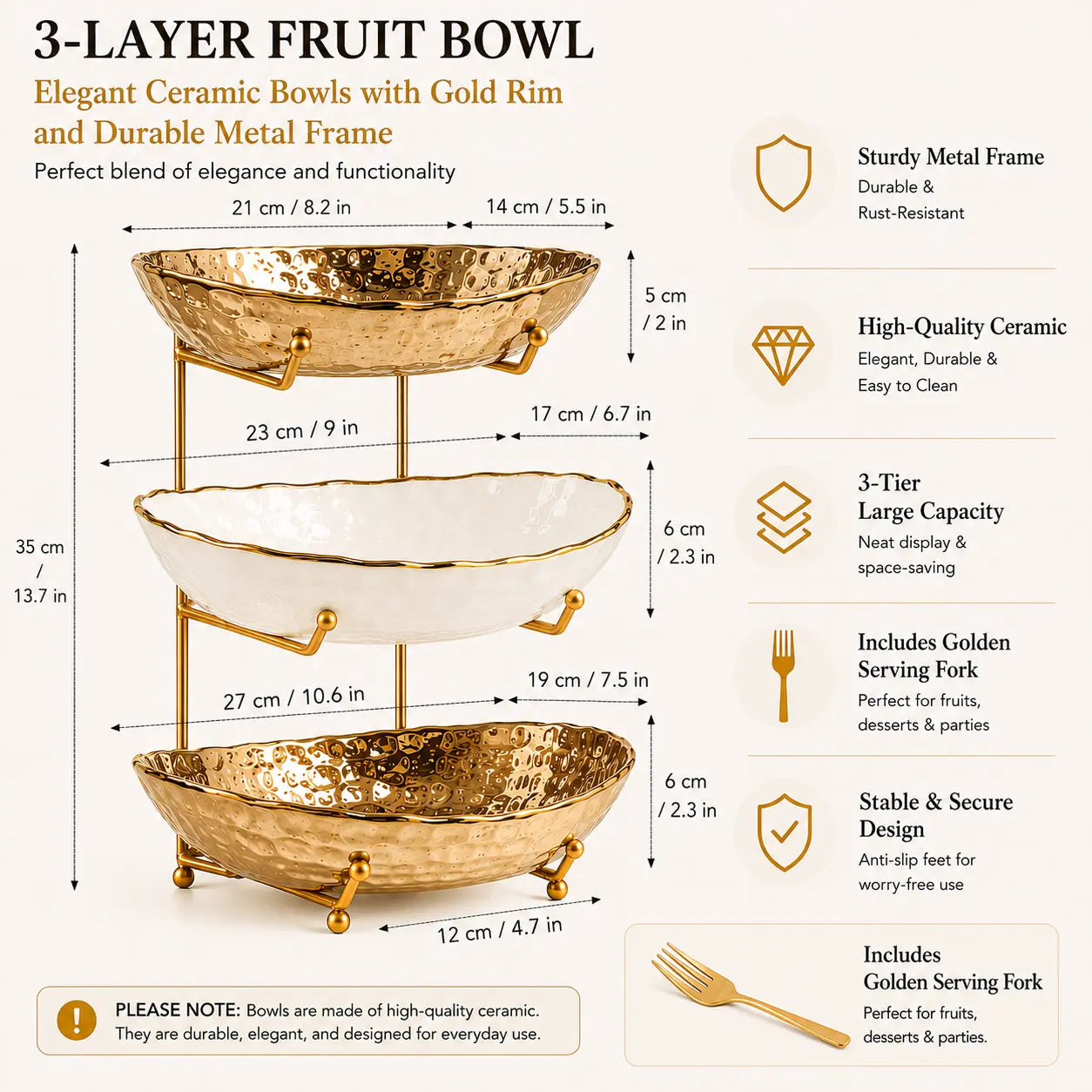 3-Tier Fruit Bowl Set with Metal Stand, Available in Plastic or Ceramic Bowls, Large Capacity Countertop Organizer for Fruits, Snacks & Nuts