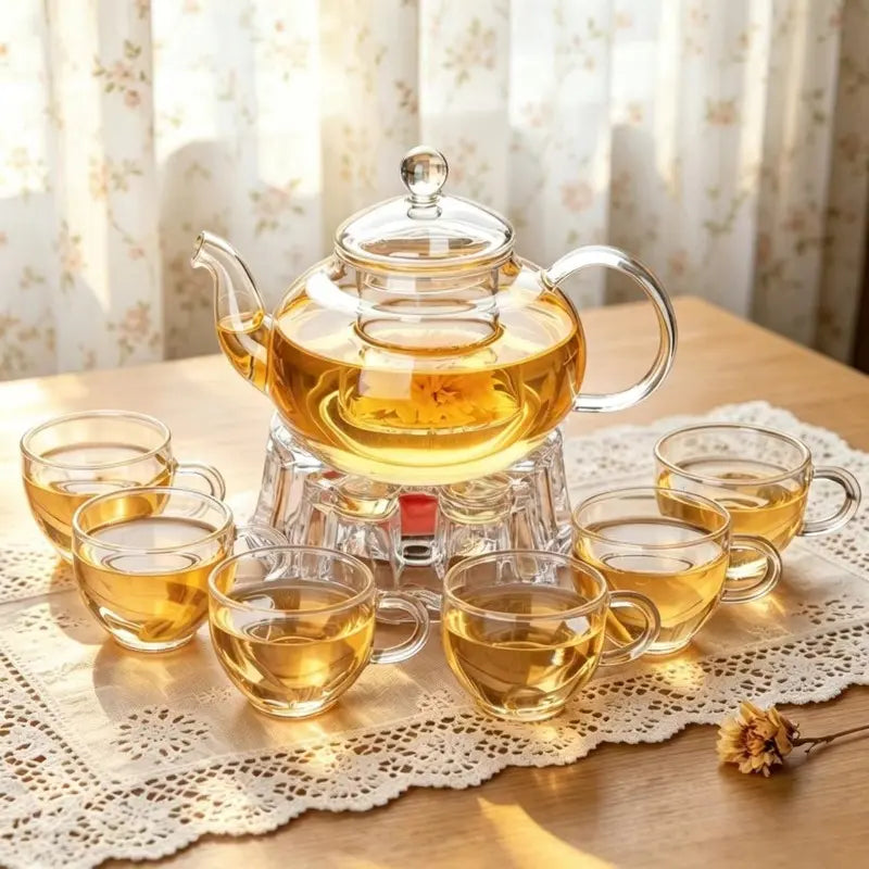 600Ml Constant Temperature Heated Glass Kettle Tea Set Glass Teapot with 6 round Handle Cups Round/Heart Base & Filter Inner Liner Transparent Flower Tea Pot Gift Box for Fruit Beauty Herbal Tea Coffee Perfect for Home Use