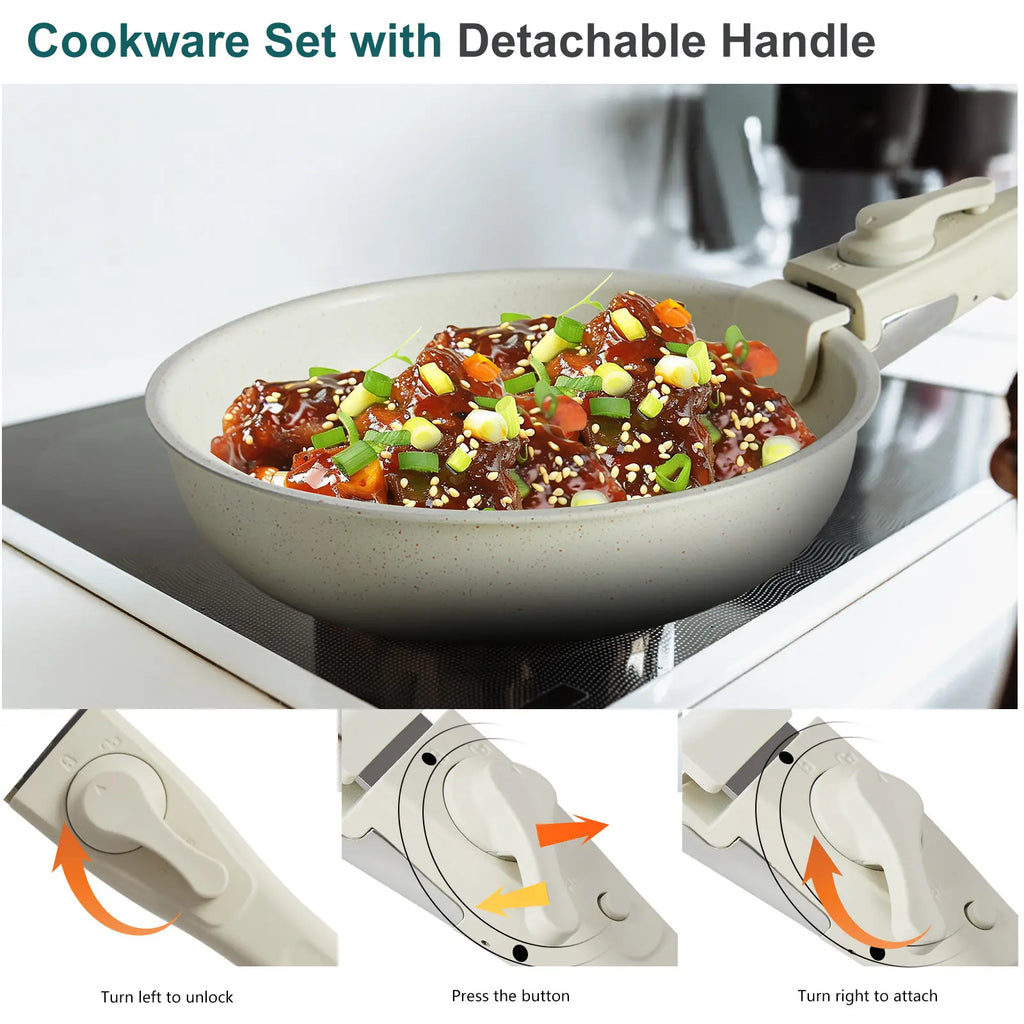 12-Piece Nonstick Kitchen Cookware Set - Pots and Pans with Detachable Handle, Induction-Compatible, Dishwasher-Safe, Oven-Safe