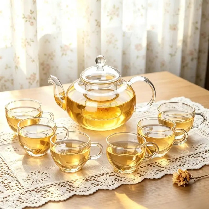 600Ml Constant Temperature Heated Glass Kettle Tea Set Glass Teapot with 6 round Handle Cups Round/Heart Base & Filter Inner Liner Transparent Flower Tea Pot Gift Box for Fruit Beauty Herbal Tea Coffee Perfect for Home Use