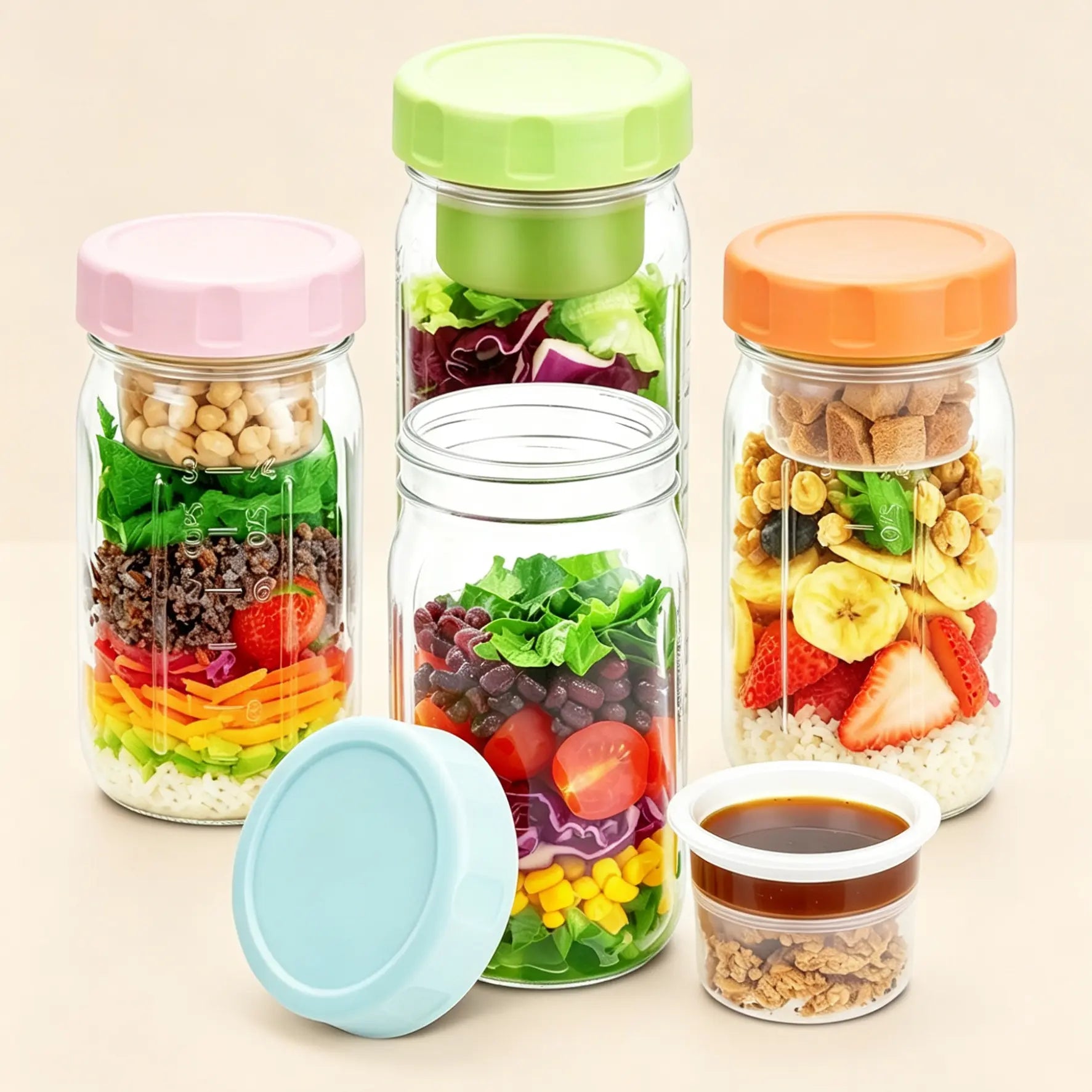 4-Pack 32Oz Airtight Sealable Glass Salad Jars with Screw-On Lids - Kitchen Food Storage Containers, Built-In Wet/Dry Separation Boxes, Meal Prep Containers for Work Lunches, Fridge-Friendly, Customizable