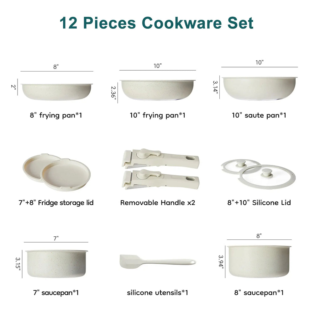 12-Piece Nonstick Kitchen Cookware Set - Pots and Pans with Detachable Handle, Induction-Compatible, Dishwasher-Safe, Oven-Safe