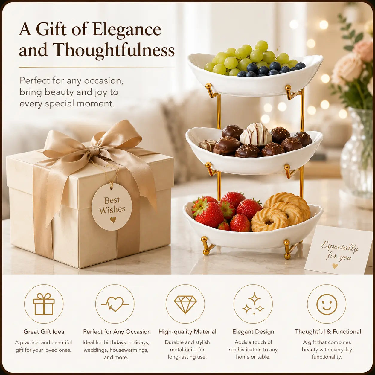 3-Tier Fruit Bowl Set with Metal Stand, Available in Plastic or Ceramic Bowls, Large Capacity Countertop Organizer for Fruits, Snacks & Nuts