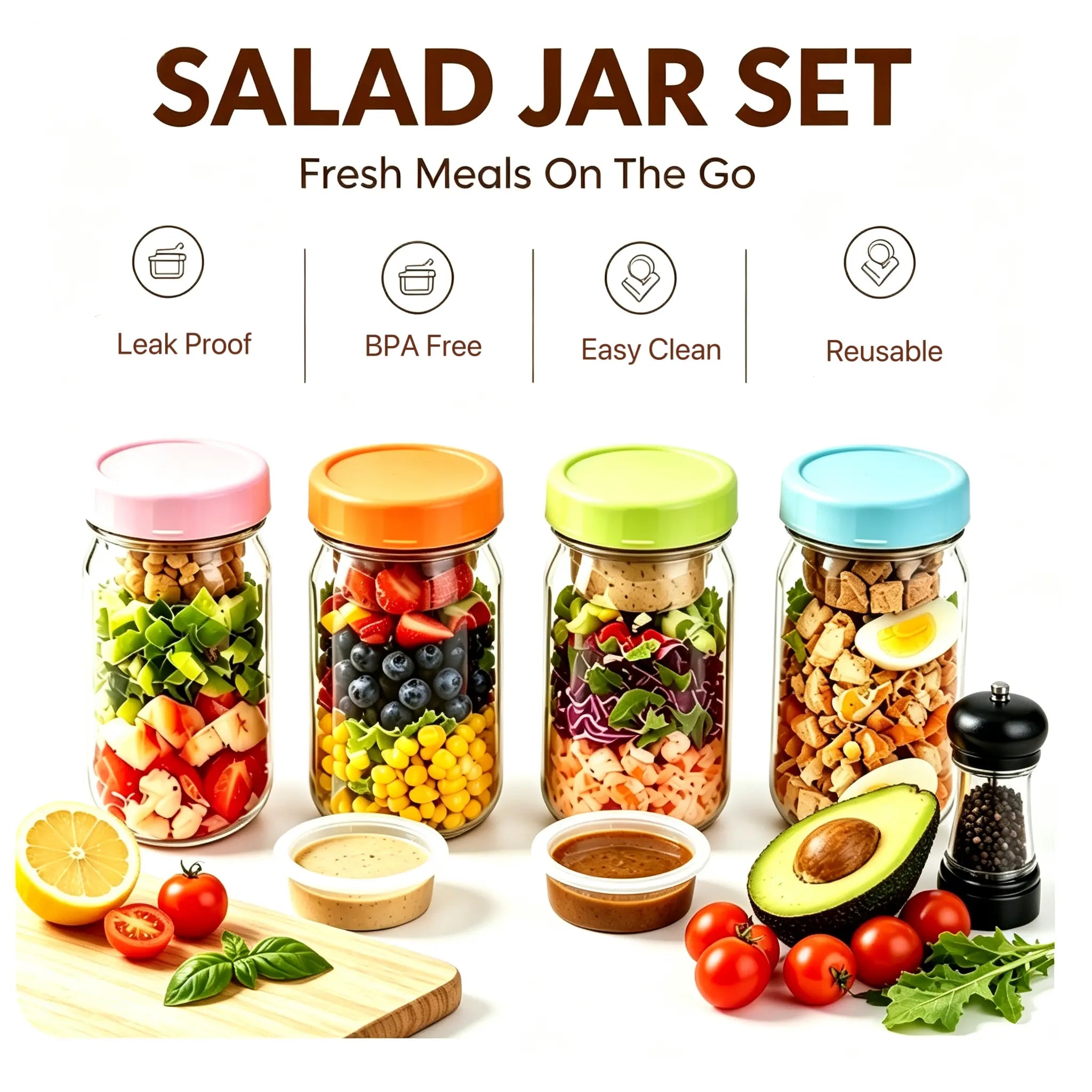 4-Pack 32Oz Airtight Sealable Glass Salad Jars with Screw-On Lids - Kitchen Food Storage Containers, Built-In Wet/Dry Separation Boxes, Meal Prep Containers for Work Lunches, Fridge-Friendly, Customizable