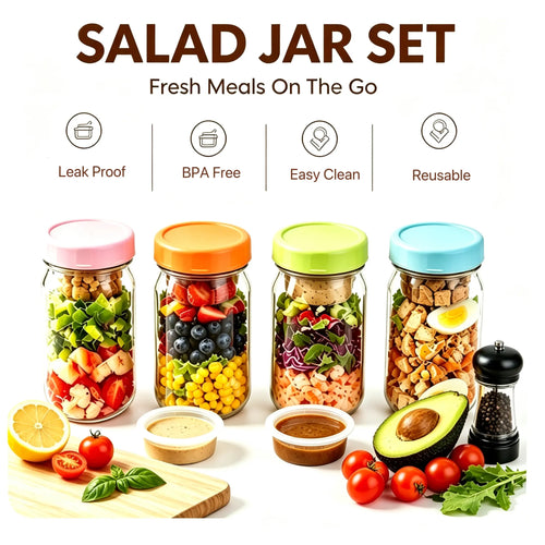 4-Pack 32Oz Airtight Sealable Glass Salad Jars with Screw-On Lids - Kitchen Food Storage Containers, Built-In Wet/Dry Separation Boxes, Meal Prep Containers for Work Lunches, Fridge-Friendly, Customizable