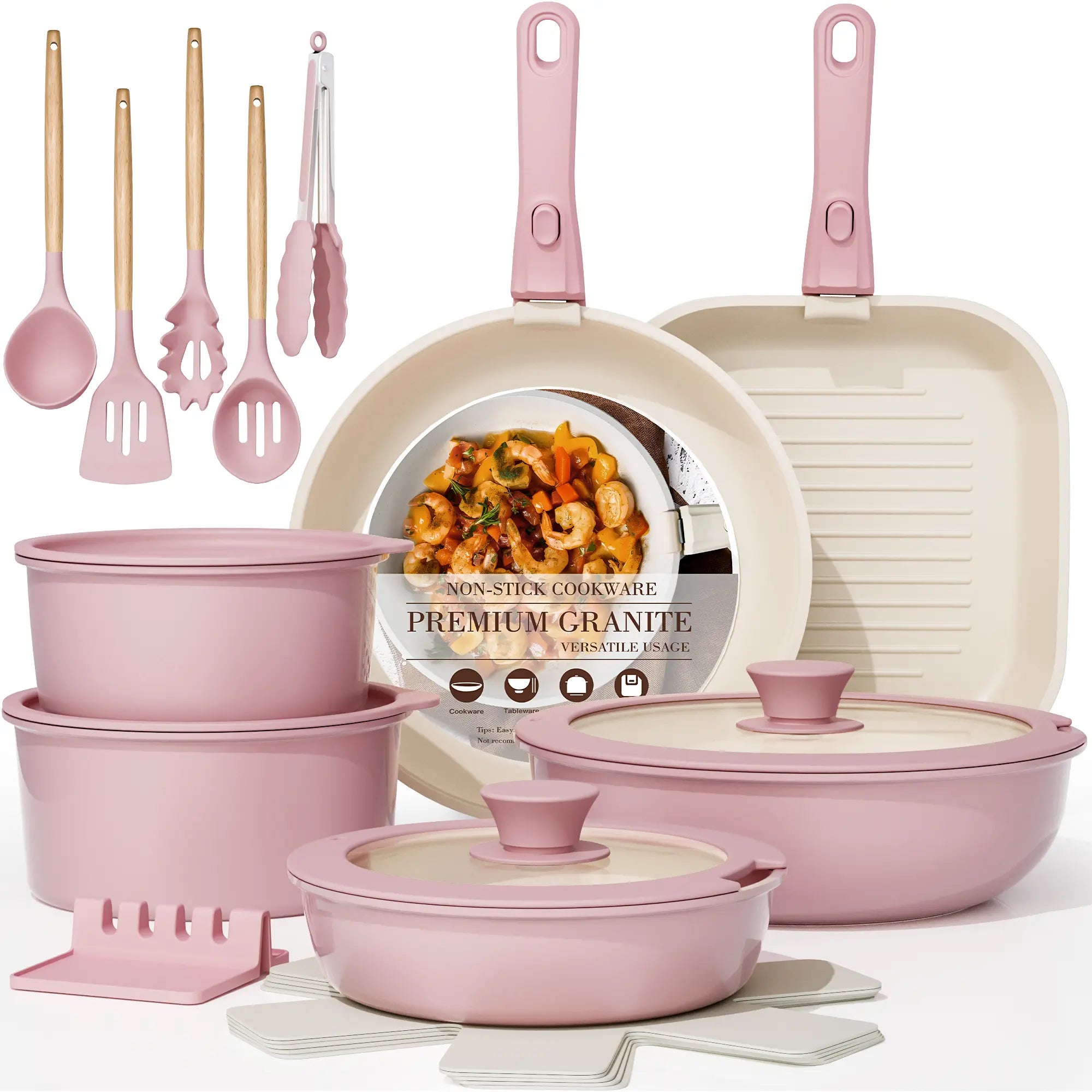 Astercook 23PCS Ceramic Nonstick Cookware Set, Pots and Pans with Lids, Detachable Handle, Steak Frying Pan & Egg Pan, Pfoa-Free, RV Kitchen Cooking Stylish Compact Aluminium