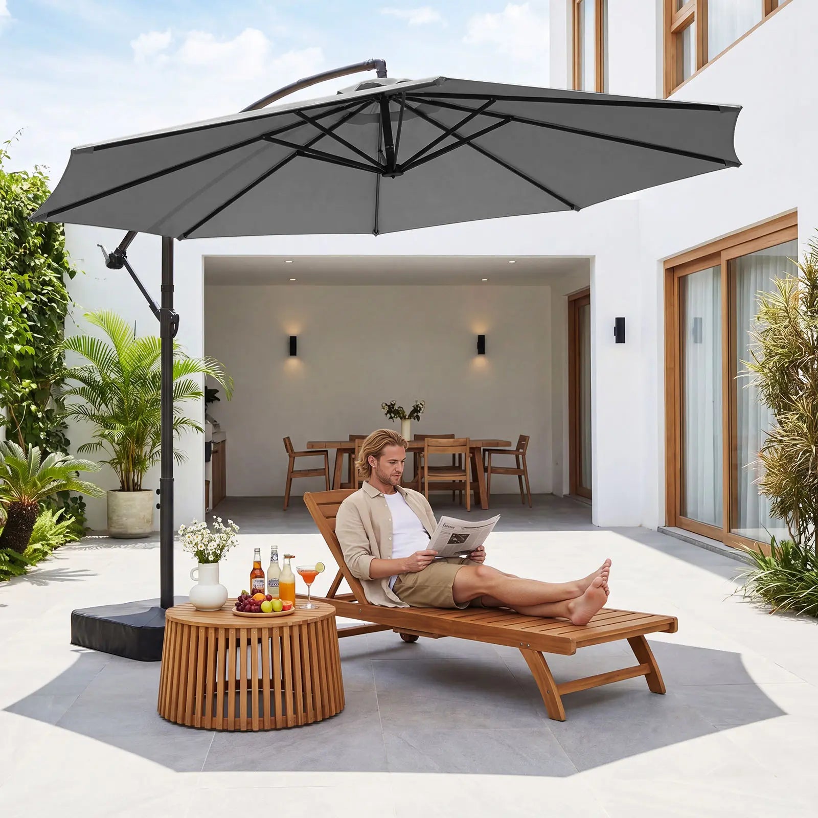 Docred Heavy Duty Cantilever Offset Patio Umbrella with Base Included, 10FT Patio Outdoor Umbrella with 360° Rotation & Infinite Tilt, Patio Furniture Sets, Yarn-Dyed Fade-Resistant Canopy, 8-Rib Steel Frame for Patio, Pool, Deck, Sombr, Camping, Backyard