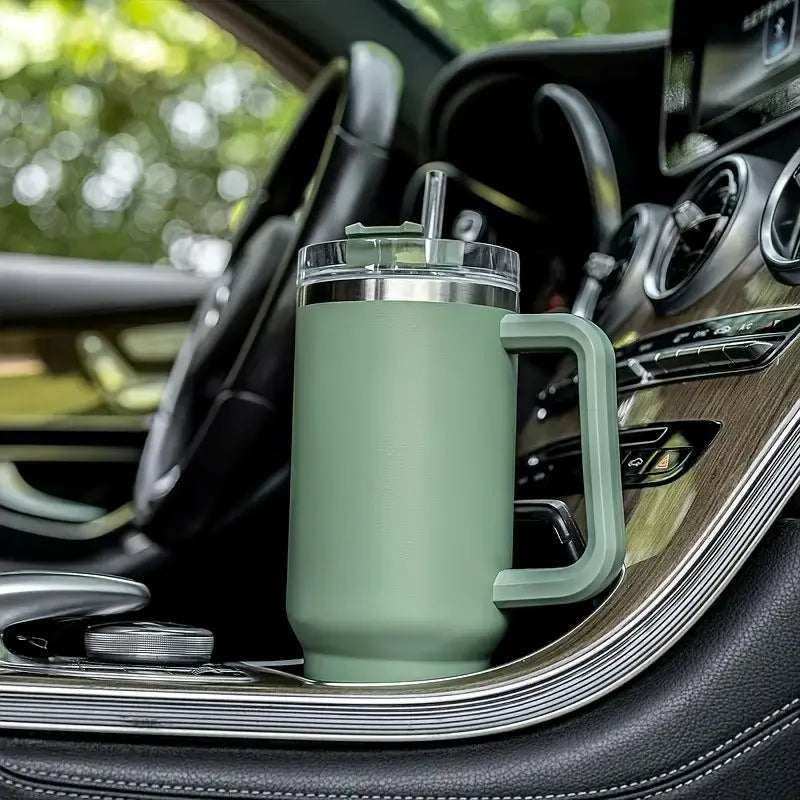 40Oz Double-Walled Vacuum Insulated Stainless Steel Tumbler with Handle, Featuring a Straw Lid and Straw - Leakproof, Rustproof, Suitable for Hot/Cold Drinks, Ideal for Outdoor Use, Travel, and Holiday Gifts Drinkware Portable