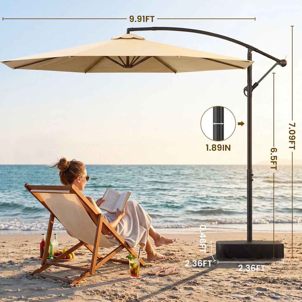 Docred Heavy Duty Cantilever Offset Patio Umbrella with Base Included, 10FT Patio Outdoor Umbrella with 360° Rotation & Infinite Tilt, Patio Furniture Sets, Yarn-Dyed Fade-Resistant Canopy, 8-Rib Steel Frame for Patio, Pool, Deck, Sombr, Camping, Backyard