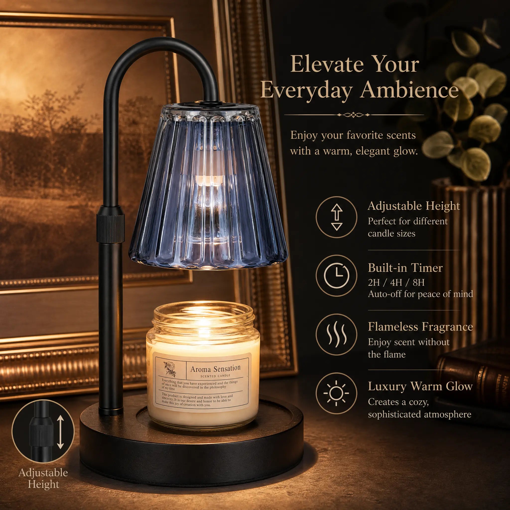 Glasseam Candle Warmer Lamp with Timer, Dimmable Candle Warmer for Jar Candles, Height Adjustable Wax Melts Warmer, Birthday Gifts for Women Mom, House Warming Gifts New Home Decor