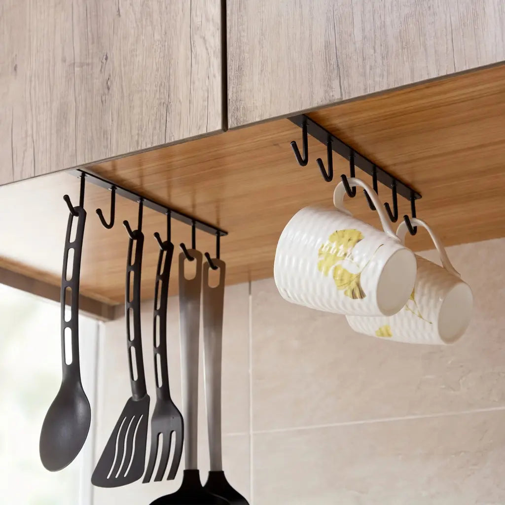 VIREFIRA Black 2-Piece Hangable under Shelf Mug Hanger Rack Set - 6-Hook Snap-In Adjustable under Cabinet Storage Organizer, Space-Saving Cup Holder for Kitchen Pantry