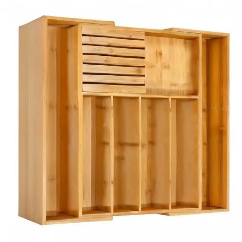 Bamboo Silverware Drawer Organizer Kitchen, Expandable Utensil Organizer with Knife Block, Cutlery Tray with Divider, Multifunctional Wooden Drawer Organizer
