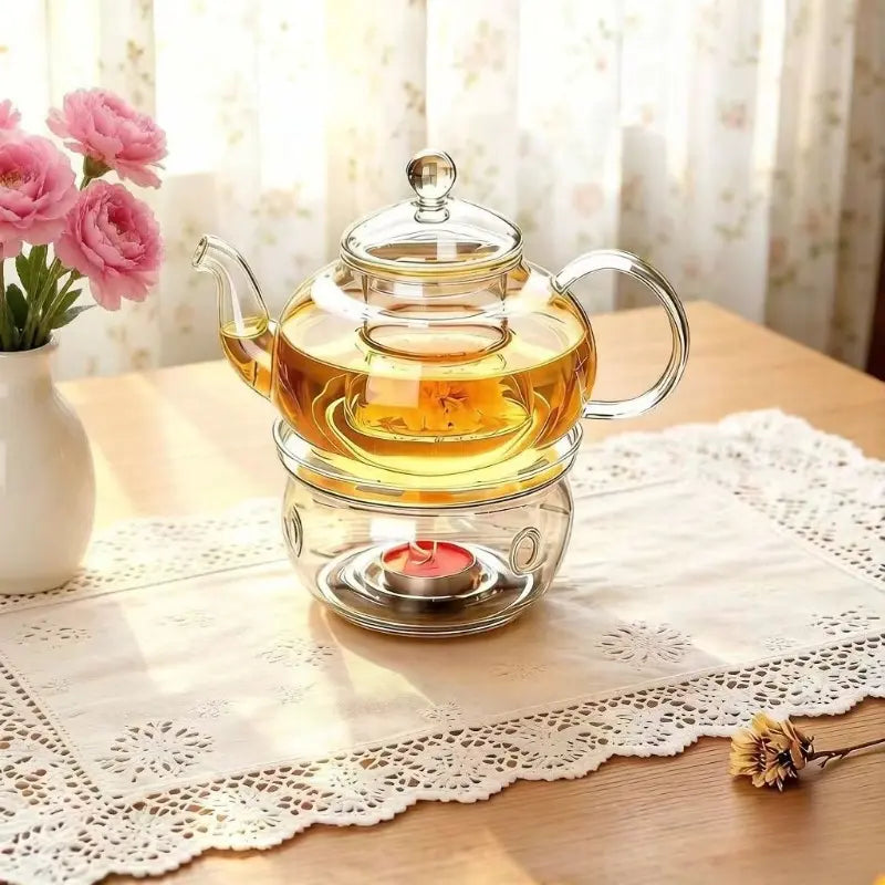600Ml Constant Temperature Heated Glass Kettle Tea Set Glass Teapot with 6 round Handle Cups Round/Heart Base & Filter Inner Liner Transparent Flower Tea Pot Gift Box for Fruit Beauty Herbal Tea Coffee Perfect for Home Use