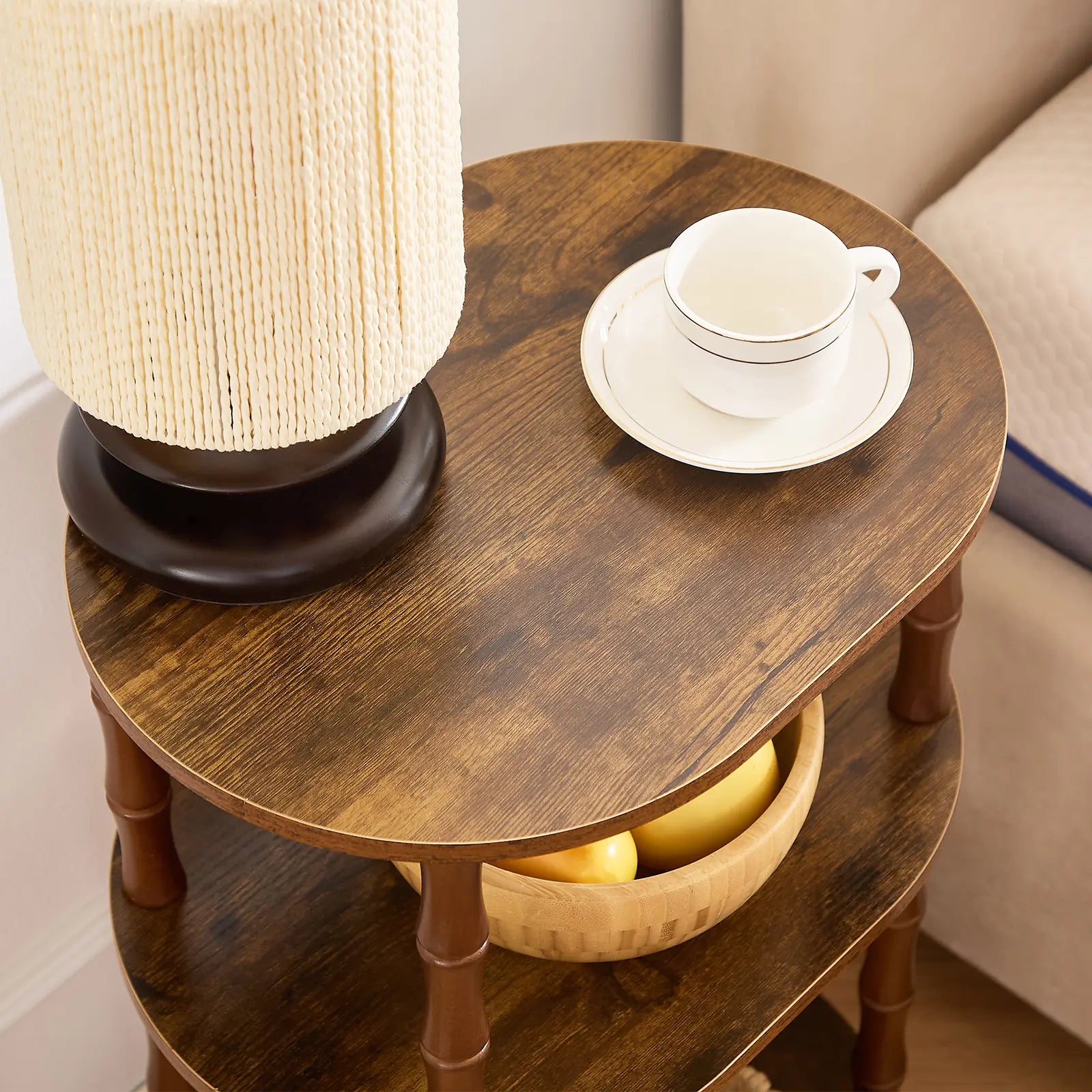 Rustic Brown round End Table with 3-Tier Storage, Nightstand for Bedroom, Side Table for Living Room, Small Coffee Table for Apartments, 15.7" × 11.6" × 24.4"