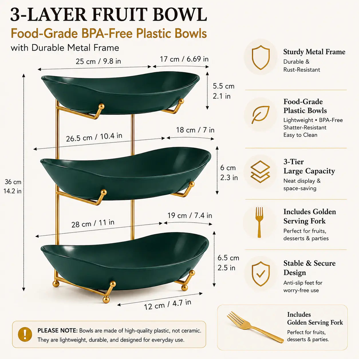 3-Tier Fruit Bowl Set with Metal Stand, Available in Plastic or Ceramic Bowls, Large Capacity Countertop Organizer for Fruits, Snacks & Nuts