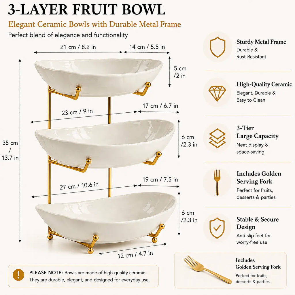 3-Tier Fruit Bowl Set with Metal Stand, Available in Plastic or Ceramic Bowls, Large Capacity Countertop Organizer for Fruits, Snacks & Nuts