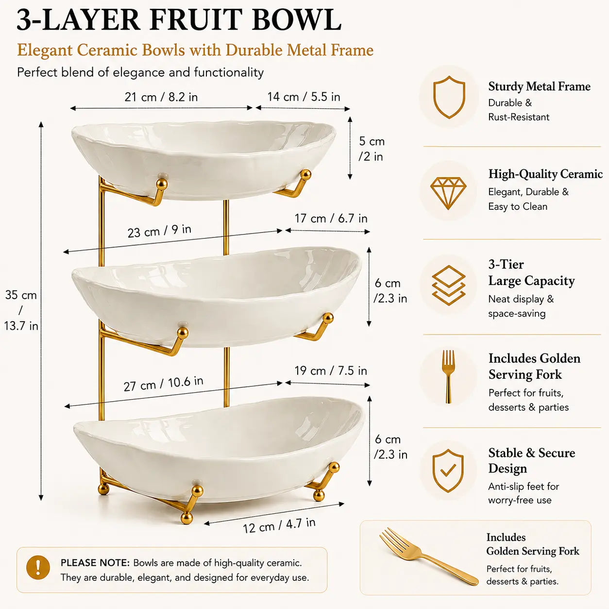 3-Tier Fruit Bowl Set with Metal Stand, Available in Plastic or Ceramic Bowls, Large Capacity Countertop Organizer for Fruits, Snacks & Nuts