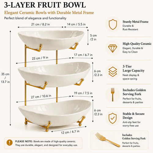 3-Tier Fruit Bowl Set with Metal Stand, Available in Plastic or Ceramic Bowls, Large Capacity Countertop Organizer for Fruits, Snacks & Nuts