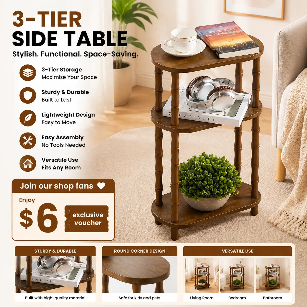 Rustic Brown round End Table with 3-Tier Storage, Nightstand for Bedroom, Side Table for Living Room, Small Coffee Table for Apartments, 15.7" × 11.6" × 24.4"