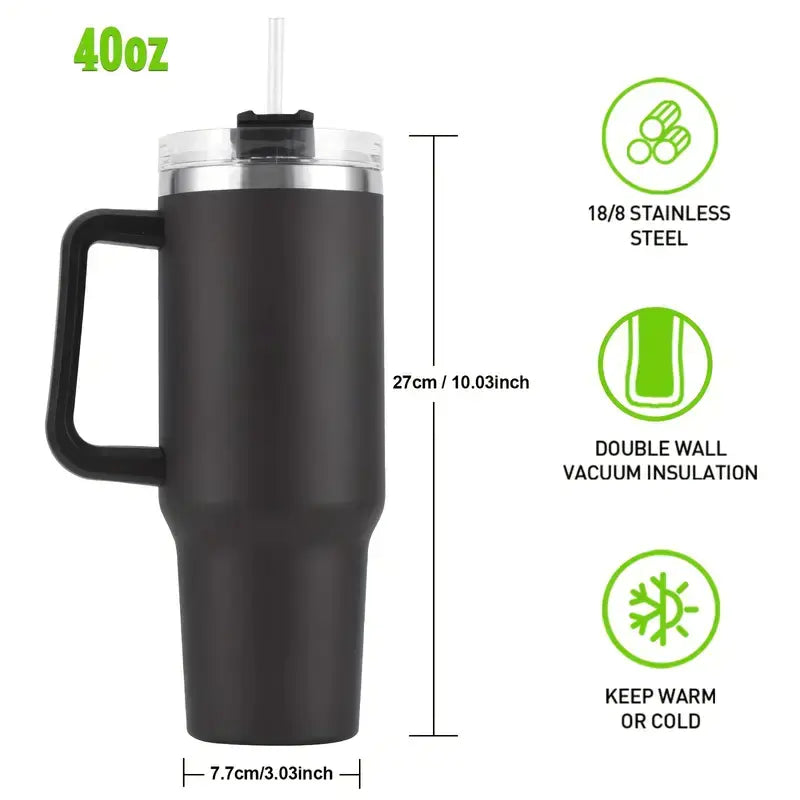 40Oz Double-Walled Vacuum Insulated Stainless Steel Tumbler with Handle, Featuring a Straw Lid and Straw - Leakproof, Rustproof, Suitable for Hot/Cold Drinks, Ideal for Outdoor Use, Travel, and Holiday Gifts Drinkware Portable