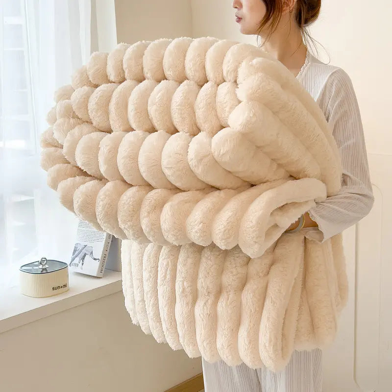 Luxurious Faux Rabbit Fur Striped Blanket - Ultra Soft 2M X 2.3M Flannel Throw for Soft Girl Bedroom - Warm Sensorial Immersion Blanket for All-Season Home Decor - High-Texture Cozy Nap Blanket for Couch & Travel #Softgirl #Cozyvibes #Homefinds