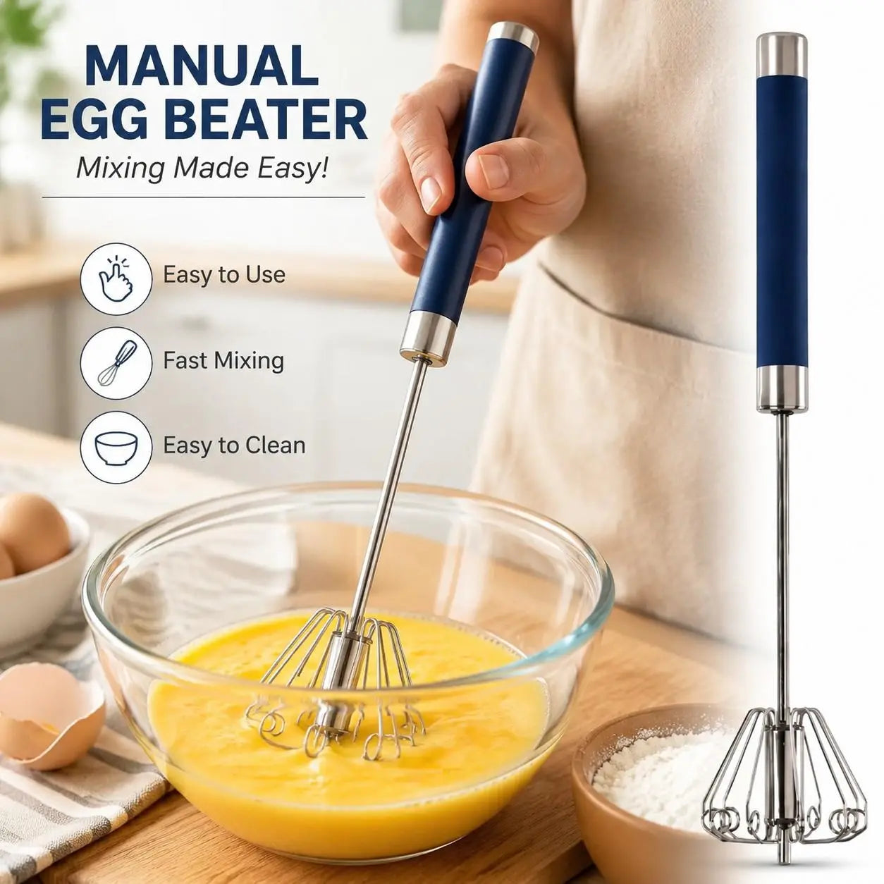 Stainless Steel Egg Beater Push Whisk - Handheld Kitchen Mixer with Cover for Quick, Efficient Mixing of Eggs and Other Ingredients