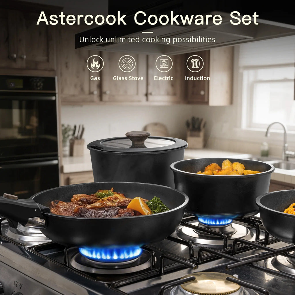 Astercook 23PCS Ceramic Nonstick Cookware Set, Pots and Pans with Lids, Detachable Handle, Steak Frying Pan & Egg Pan, Pfoa-Free, RV Kitchen Cooking Stylish Compact Aluminium