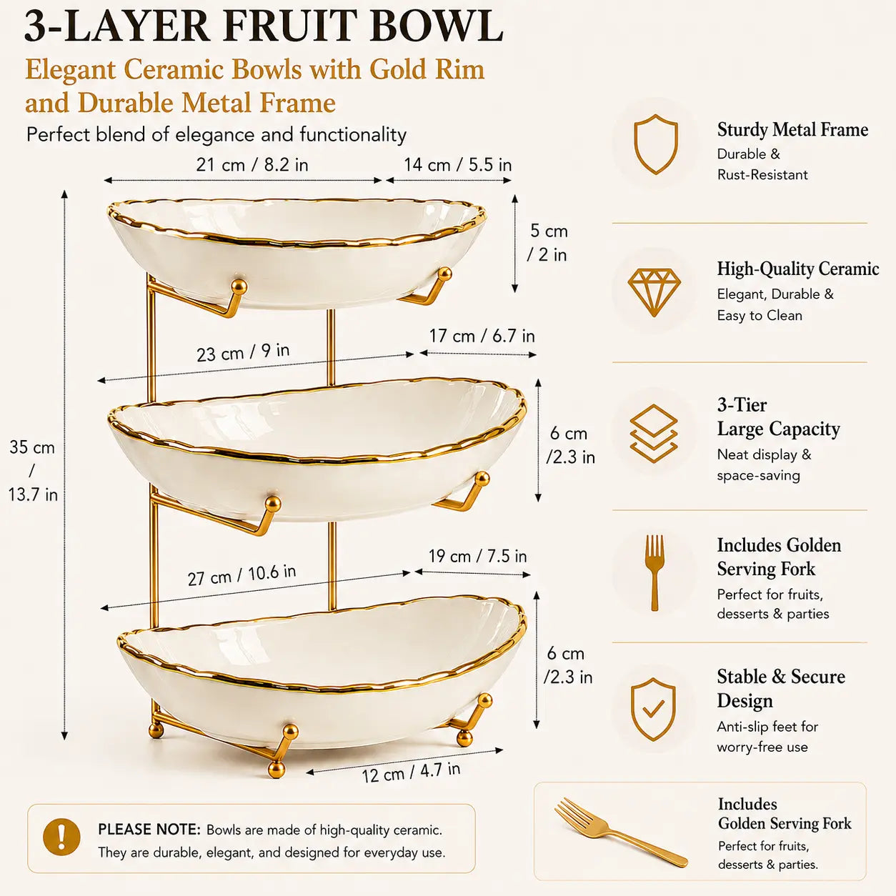 3-Tier Fruit Bowl Set with Metal Stand, Available in Plastic or Ceramic Bowls, Large Capacity Countertop Organizer for Fruits, Snacks & Nuts