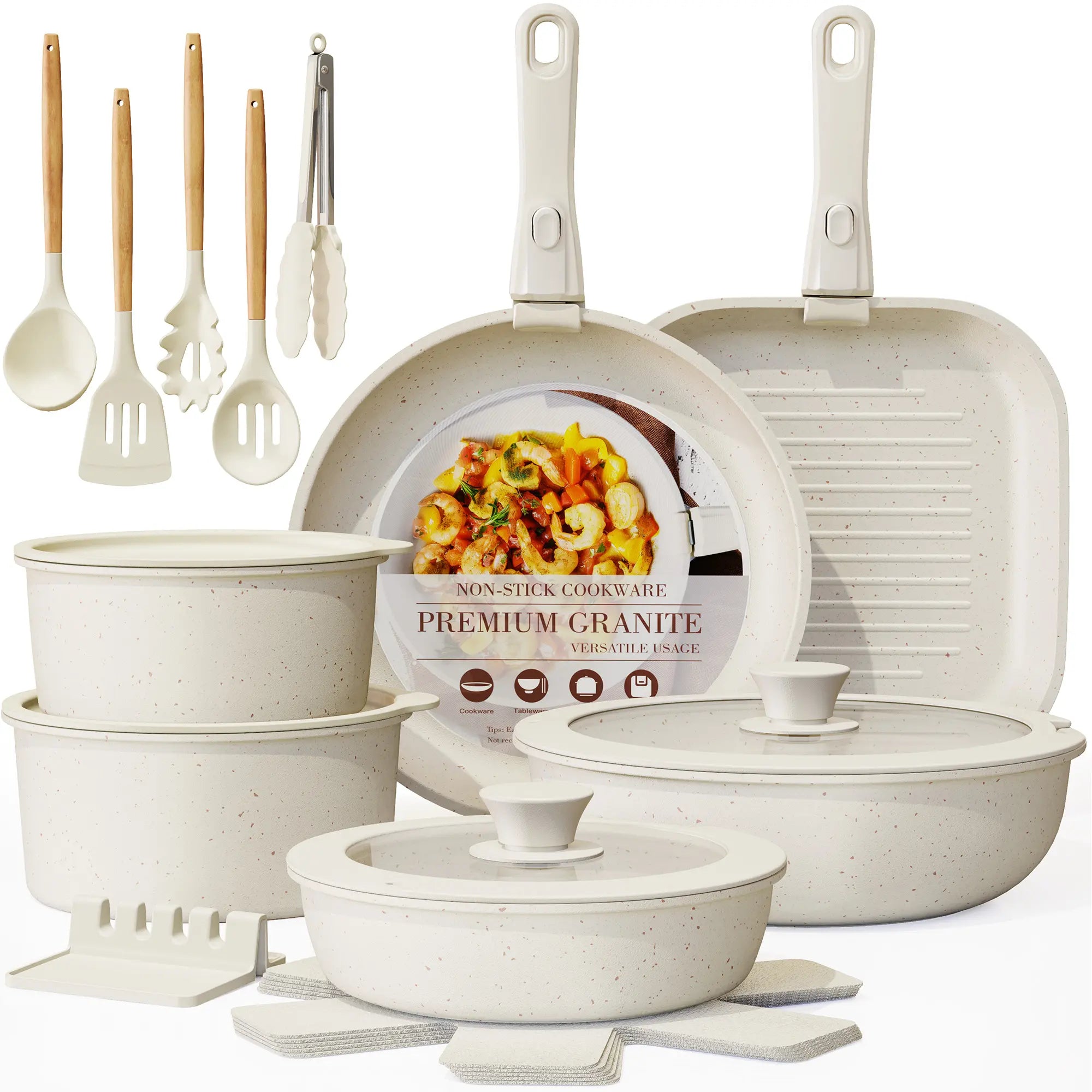 Astercook 23PCS Ceramic Nonstick Cookware Set, Pots and Pans with Lids, Detachable Handle, Steak Frying Pan & Egg Pan, Pfoa-Free, RV Kitchen Cooking Stylish Compact Aluminium