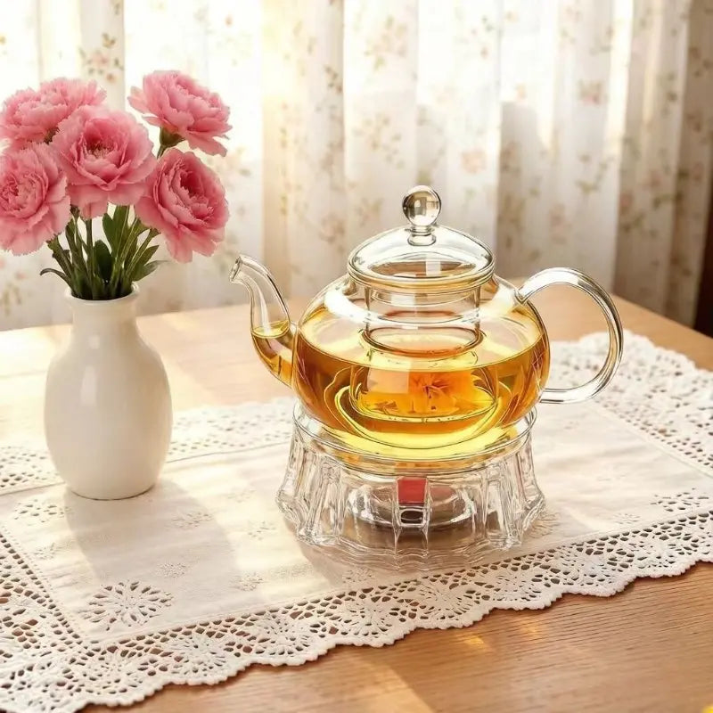 600Ml Constant Temperature Heated Glass Kettle Tea Set Glass Teapot with 6 round Handle Cups Round/Heart Base & Filter Inner Liner Transparent Flower Tea Pot Gift Box for Fruit Beauty Herbal Tea Coffee Perfect for Home Use