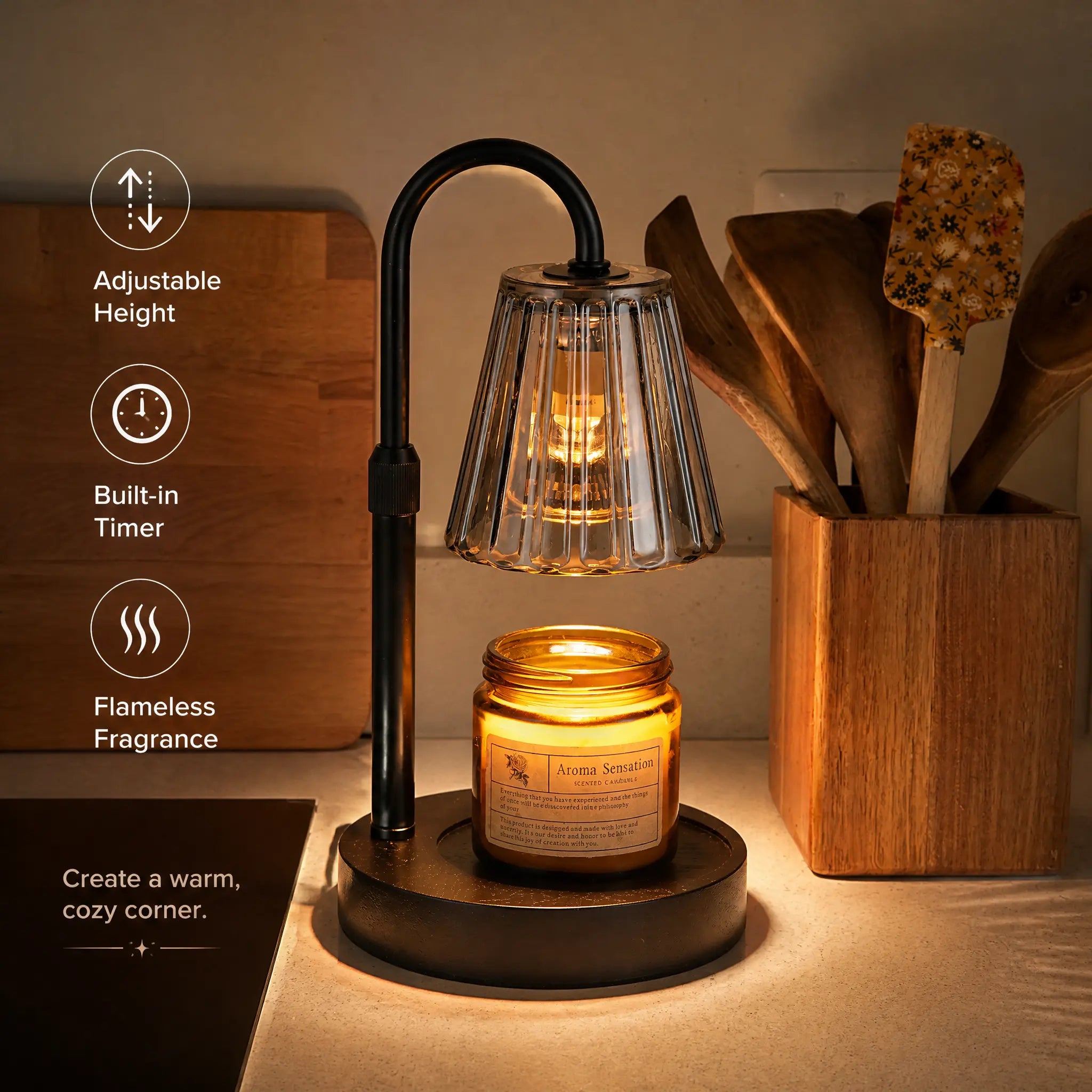 Glasseam Candle Warmer Lamp with Timer, Dimmable Candle Warmer for Jar Candles, Height Adjustable Wax Melts Warmer, Birthday Gifts for Women Mom, House Warming Gifts New Home Decor