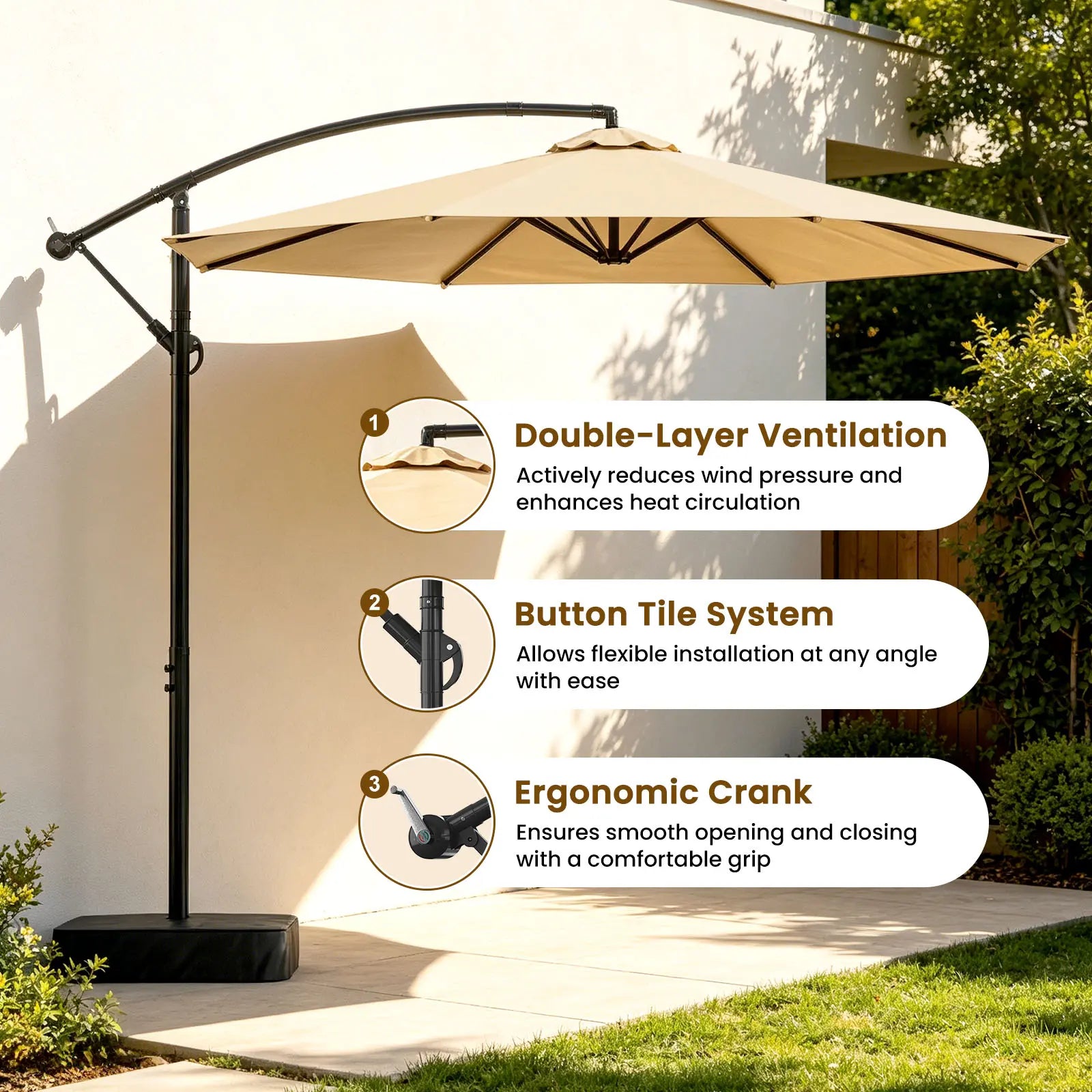 Docred Heavy Duty Cantilever Offset Patio Umbrella with Base Included, 10FT Patio Outdoor Umbrella with 360° Rotation & Infinite Tilt, Patio Furniture Sets, Yarn-Dyed Fade-Resistant Canopy, 8-Rib Steel Frame for Patio, Pool, Deck, Sombr, Camping, Backyard