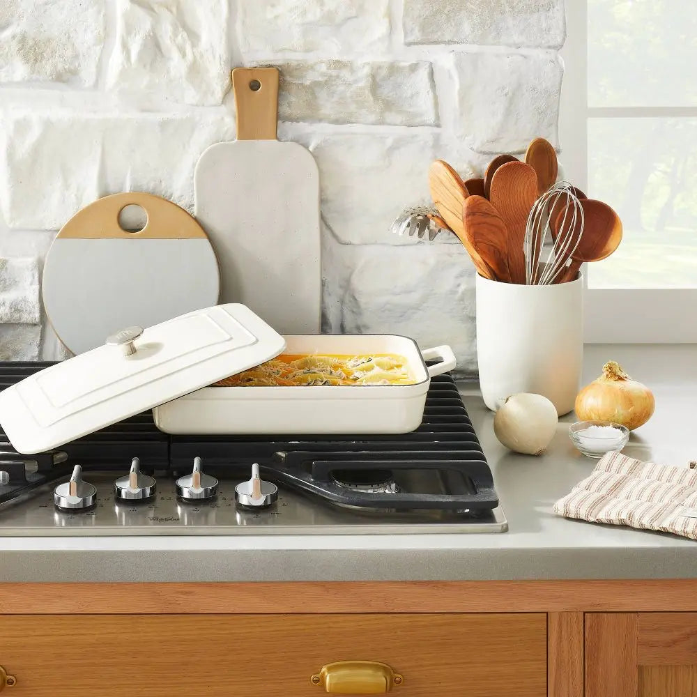 Enamel Coated Casserole/Bakeware Dish with Lid Cream - Hearth & Hand with Magnolia: Cast Iron Hand Wash Nonstick