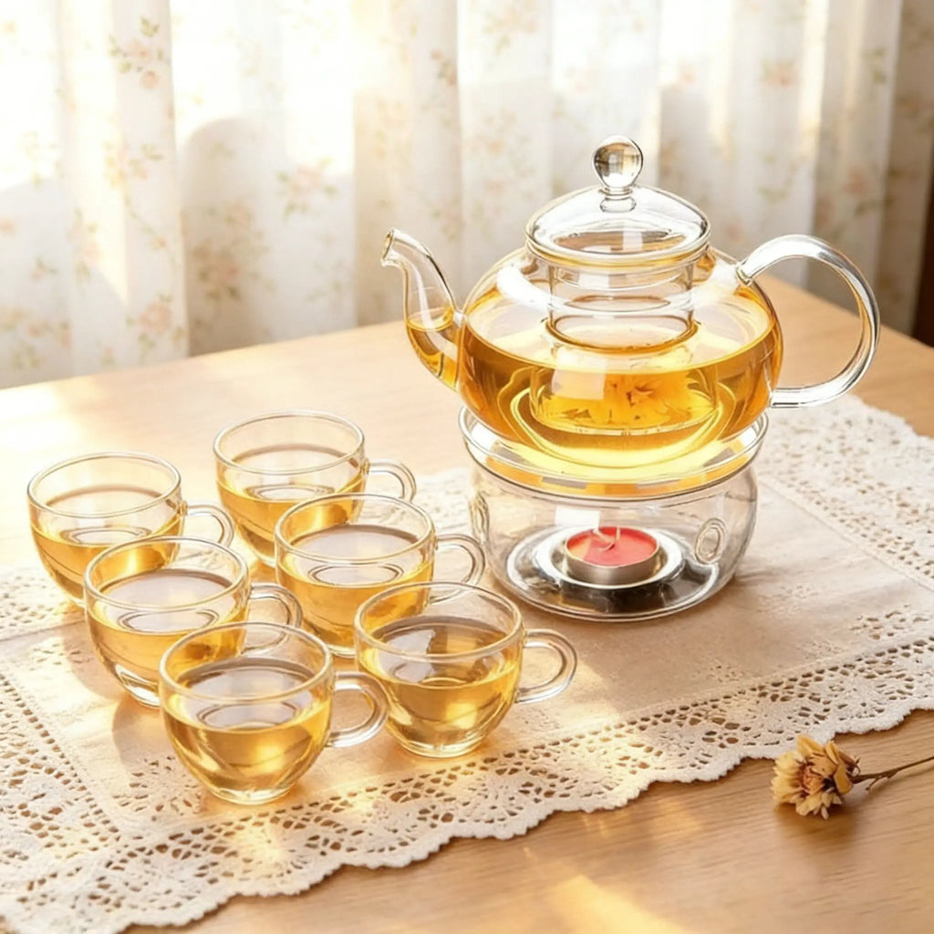 600Ml Constant Temperature Heated Glass Kettle Tea Set Glass Teapot with 6 round Handle Cups Round/Heart Base & Filter Inner Liner Transparent Flower Tea Pot Gift Box for Fruit Beauty Herbal Tea Coffee Perfect for Home Use