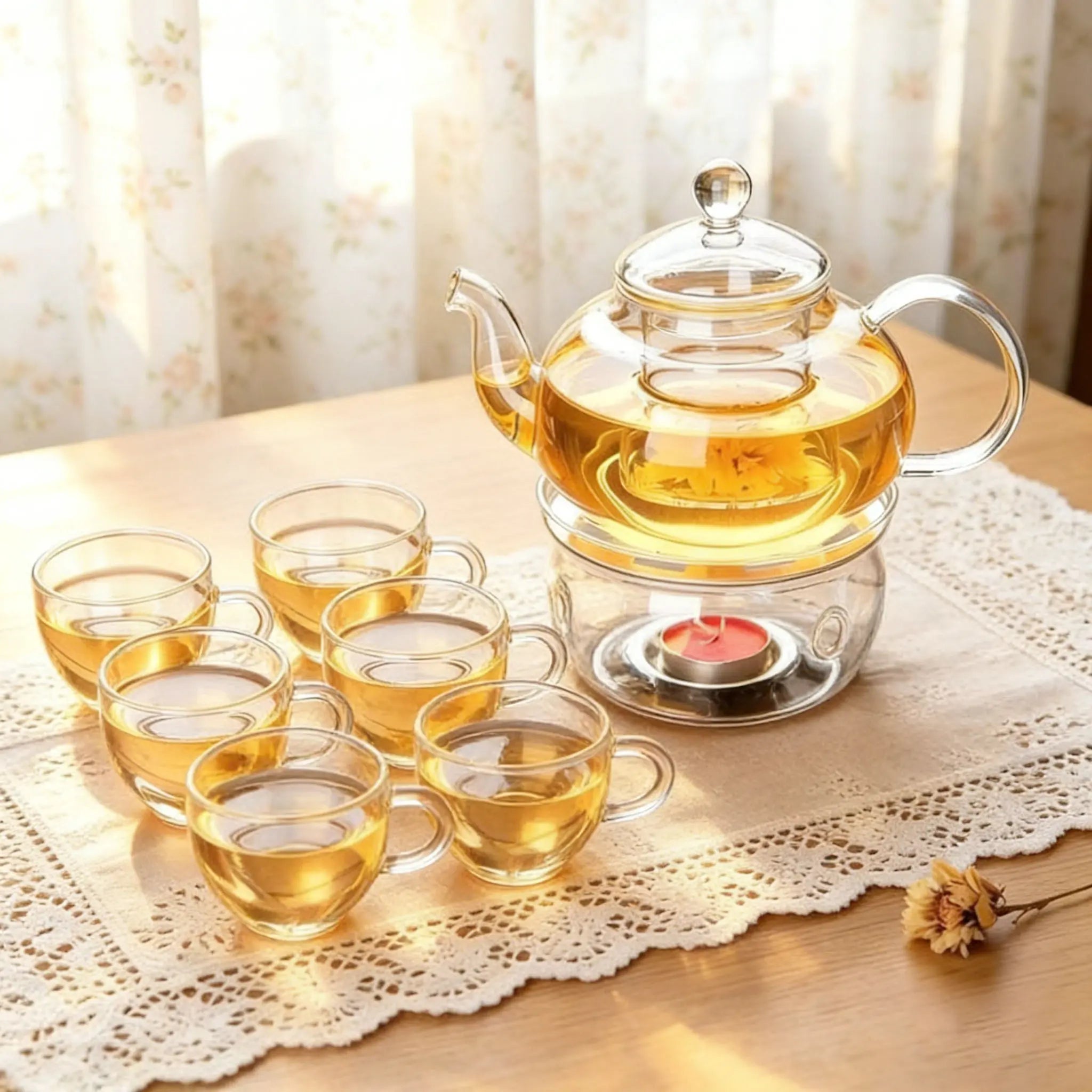 600Ml Constant Temperature Heated Glass Kettle Tea Set Glass Teapot with 6 round Handle Cups Round/Heart Base & Filter Inner Liner Transparent Flower Tea Pot Gift Box for Fruit Beauty Herbal Tea Coffee Perfect for Home Use