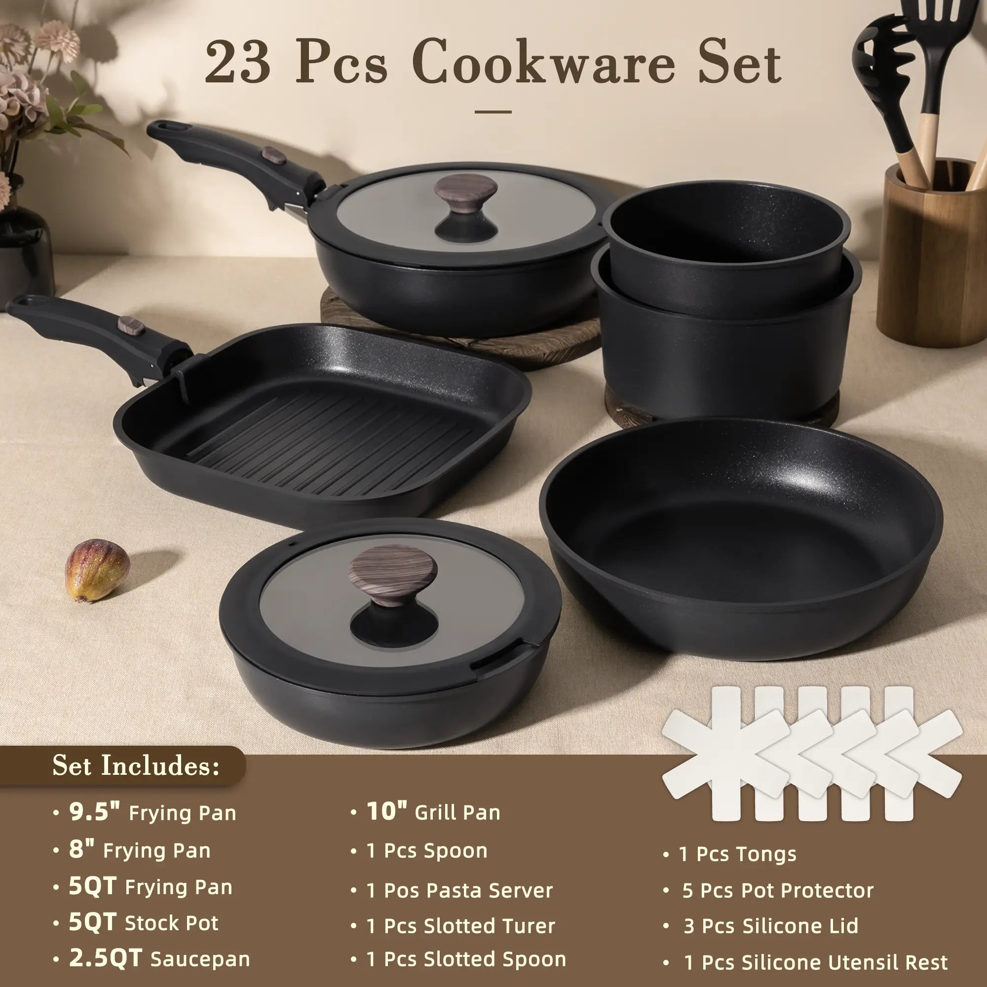 Astercook 23PCS Ceramic Nonstick Cookware Set, Pots and Pans with Lids, Detachable Handle, Steak Frying Pan & Egg Pan, Pfoa-Free, RV Kitchen Cooking Stylish Compact Aluminium