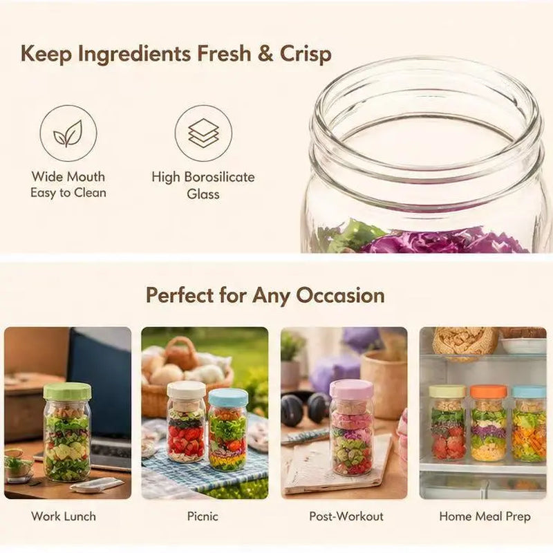 4-Pack 32Oz Airtight Sealable Glass Salad Jars with Screw-On Lids - Kitchen Food Storage Containers, Built-In Wet/Dry Separation Boxes, Meal Prep Containers for Work Lunches, Fridge-Friendly, Customizable