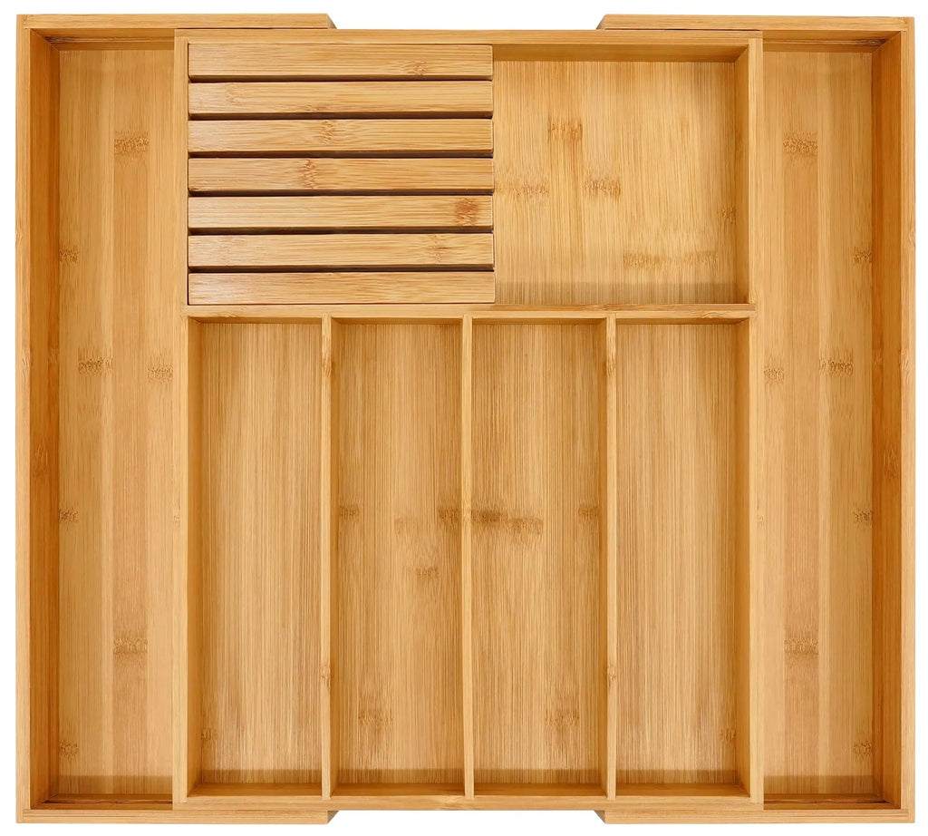 Bamboo Silverware Drawer Organizer Kitchen, Expandable Utensil Organizer with Knife Block, Cutlery Tray with Divider, Multifunctional Wooden Drawer Organizer