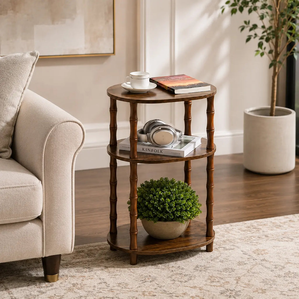 Rustic Brown round End Table with 3-Tier Storage, Nightstand for Bedroom, Side Table for Living Room, Small Coffee Table for Apartments, 15.7" × 11.6" × 24.4"
