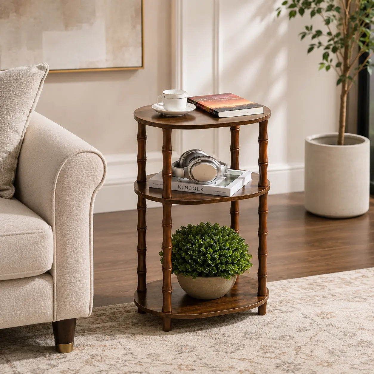 Rustic Brown round End Table with 3-Tier Storage, Nightstand for Bedroom, Side Table for Living Room, Small Coffee Table for Apartments, 15.7" × 11.6" × 24.4"