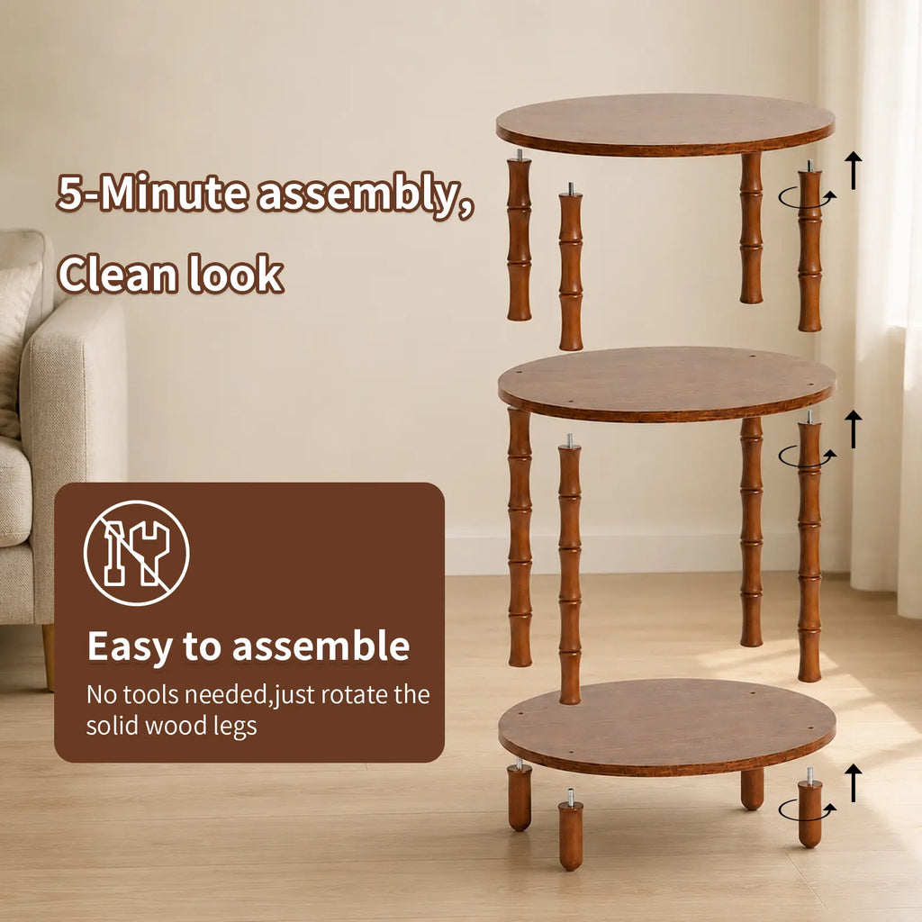 Rustic Brown round End Table with 3-Tier Storage, Nightstand for Bedroom, Side Table for Living Room, Small Coffee Table for Apartments, 15.7" × 11.6" × 24.4"
