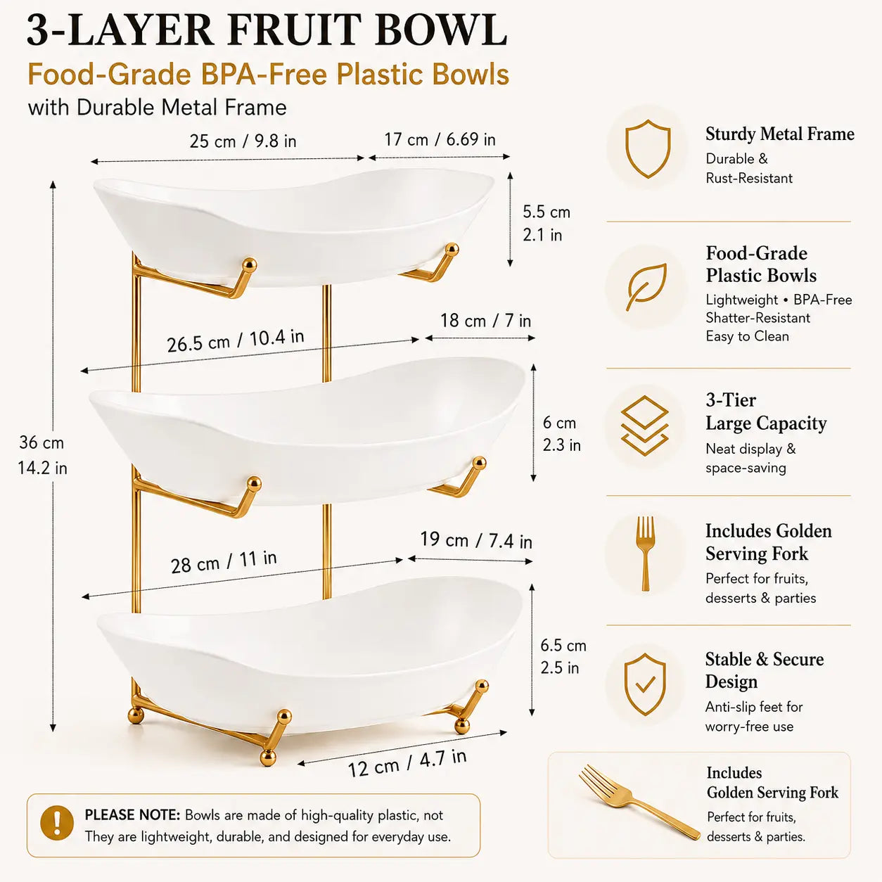 3-Tier Fruit Bowl Set with Metal Stand, Available in Plastic or Ceramic Bowls, Large Capacity Countertop Organizer for Fruits, Snacks & Nuts