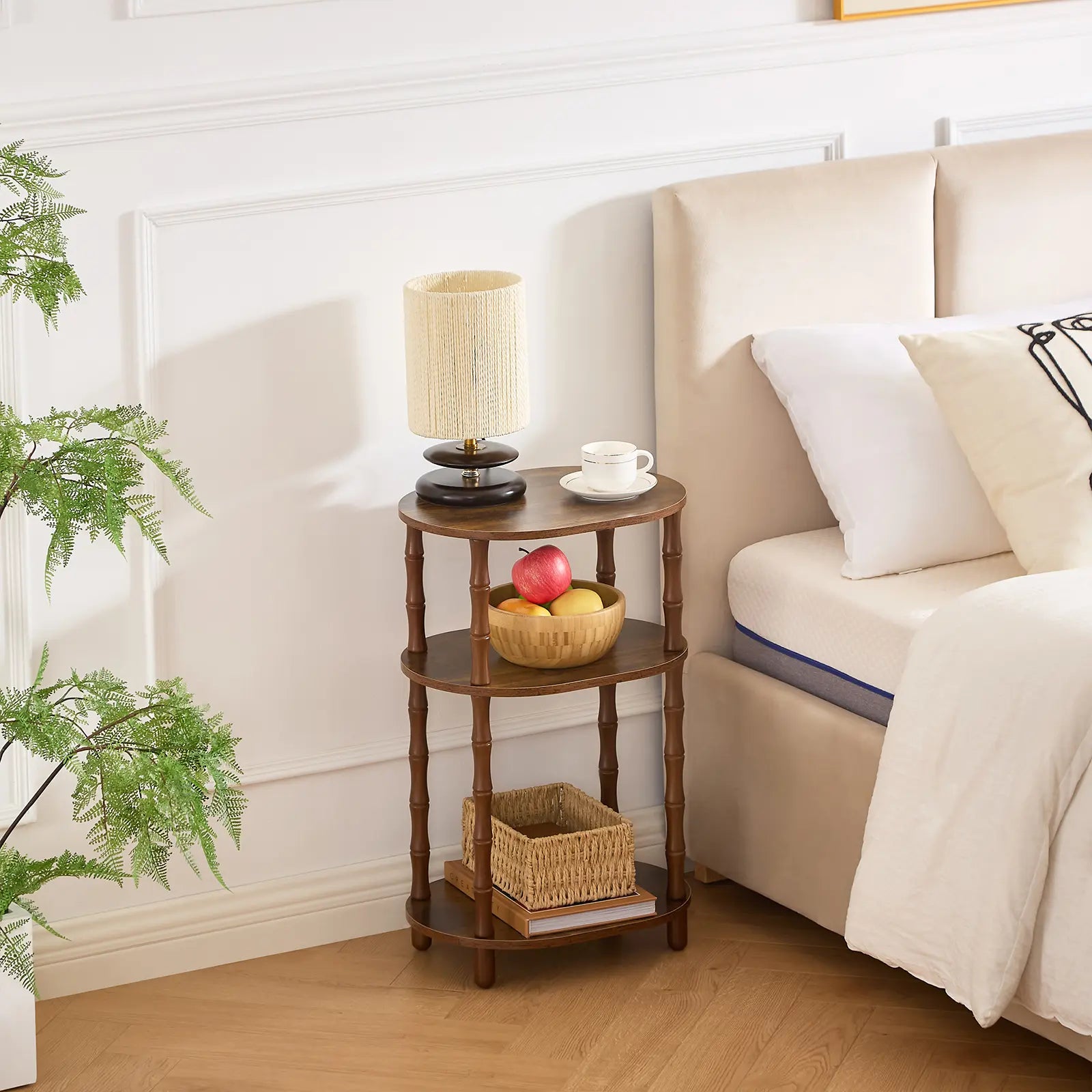 Rustic Brown round End Table with 3-Tier Storage, Nightstand for Bedroom, Side Table for Living Room, Small Coffee Table for Apartments, 15.7" × 11.6" × 24.4"