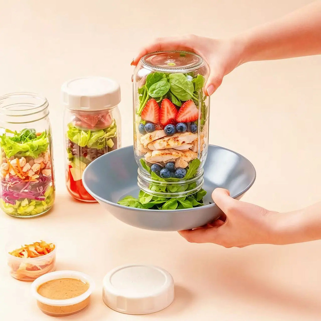 4-Pack 32Oz Airtight Sealable Glass Salad Jars with Screw-On Lids - Kitchen Food Storage Containers, Built-In Wet/Dry Separation Boxes, Meal Prep Containers for Work Lunches, Fridge-Friendly, Customizable