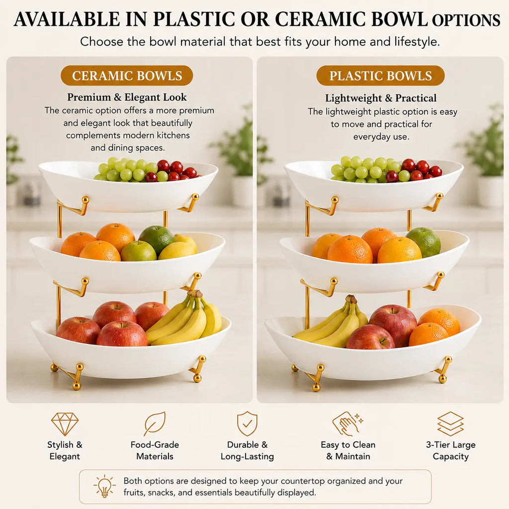 3-Tier Fruit Bowl Set with Metal Stand, Available in Plastic or Ceramic Bowls, Large Capacity Countertop Organizer for Fruits, Snacks & Nuts