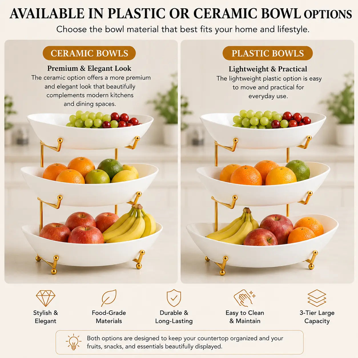 3-Tier Fruit Bowl Set with Metal Stand, Available in Plastic or Ceramic Bowls, Large Capacity Countertop Organizer for Fruits, Snacks & Nuts
