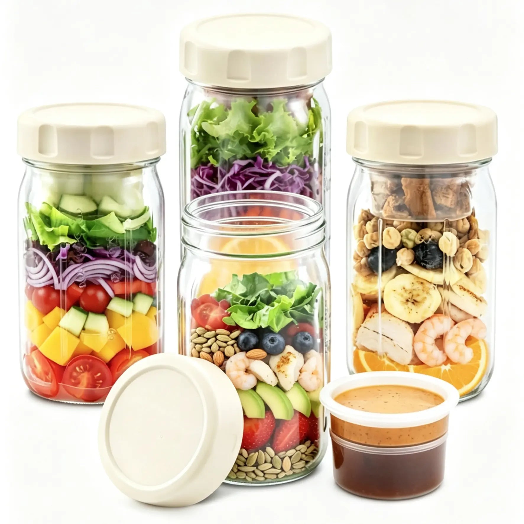 4-Pack 32Oz Airtight Sealable Glass Salad Jars with Screw-On Lids - Kitchen Food Storage Containers, Built-In Wet/Dry Separation Boxes, Meal Prep Containers for Work Lunches, Fridge-Friendly, Customizable