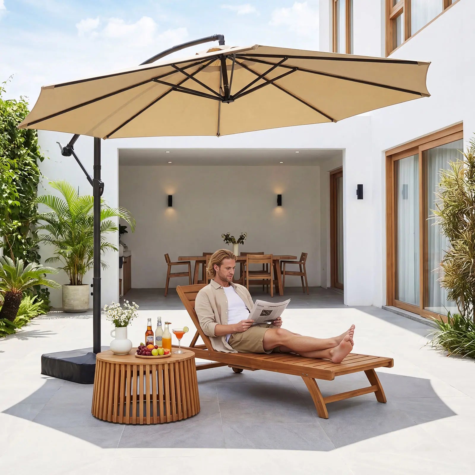 Docred Heavy Duty Cantilever Offset Patio Umbrella with Base Included, 10FT Patio Outdoor Umbrella with 360° Rotation & Infinite Tilt, Patio Furniture Sets, Yarn-Dyed Fade-Resistant Canopy, 8-Rib Steel Frame for Patio, Pool, Deck, Sombr, Camping, Backyard