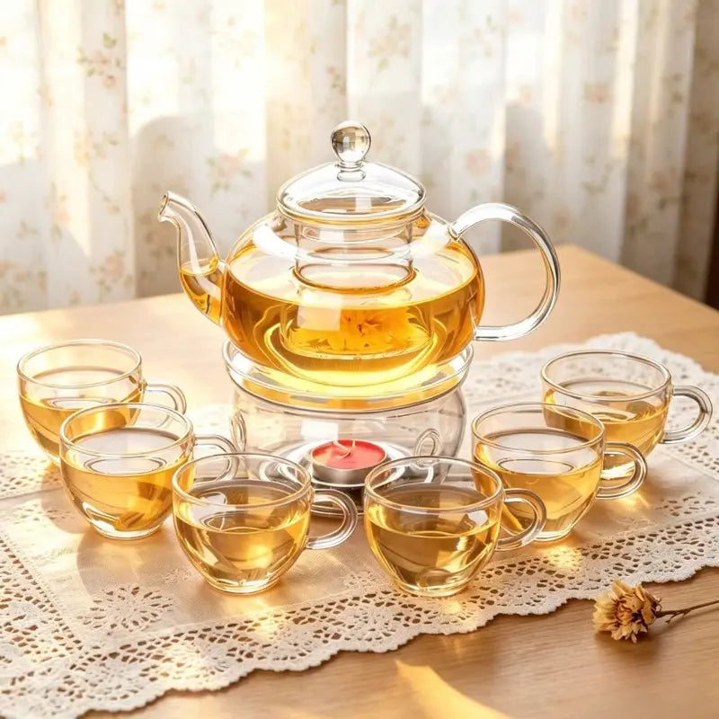 600Ml Constant Temperature Heated Glass Kettle Tea Set Glass Teapot with 6 round Handle Cups Round/Heart Base & Filter Inner Liner Transparent Flower Tea Pot Gift Box for Fruit Beauty Herbal Tea Coffee Perfect for Home Use